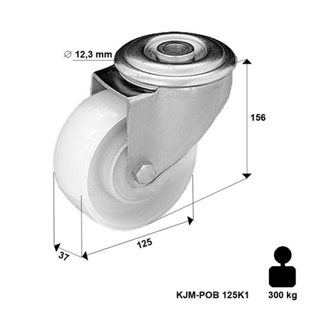 Koło poliamidowe skrętne KJM-POOB 125K1 z kołem poliamidowym. Nośność 300 kg / 125mm/ kulkowe